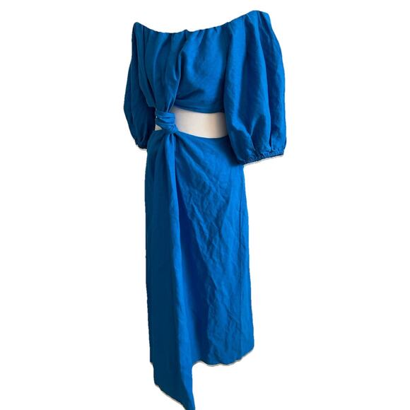 FARM RIO Linen Dress Med Blue Cut Out Off Shoulder Boho Artsy Coastal Nautical - Picture 14 of 16